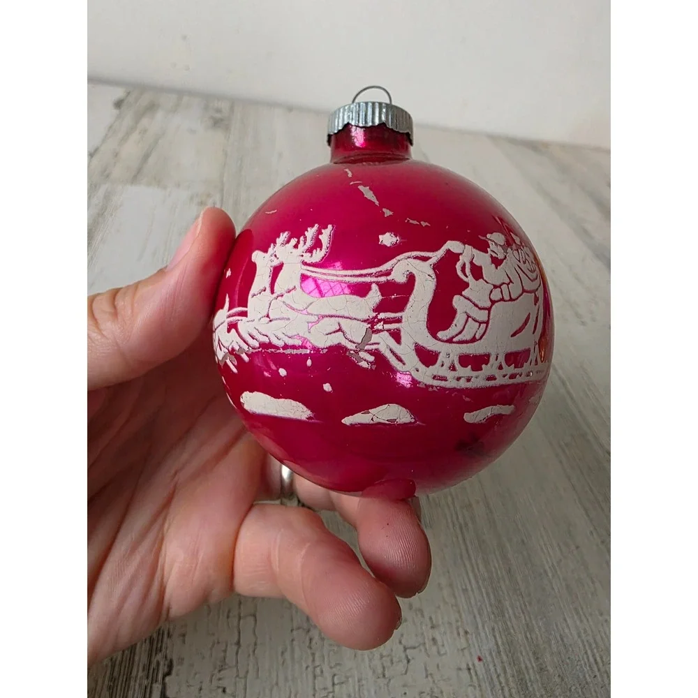 Vintage reindeer pink stencil sleigh Santa shiny Brite ornament glass Xmas tree